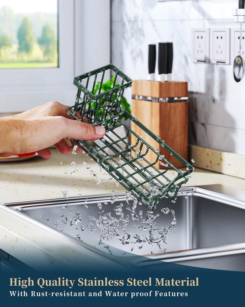 Consumest Sponge Holder for Kitchen Sink - Kitchen Sink Caddy Organizer with Removable Drip Tray for Countertop Dish Soap Dispenser Brush Storage Accessories 304 Stainless Steel, Green - Image 5